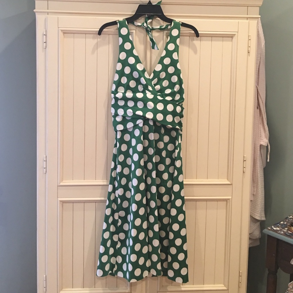 Donna Ricco Green and White Polka Dot Backless Dress